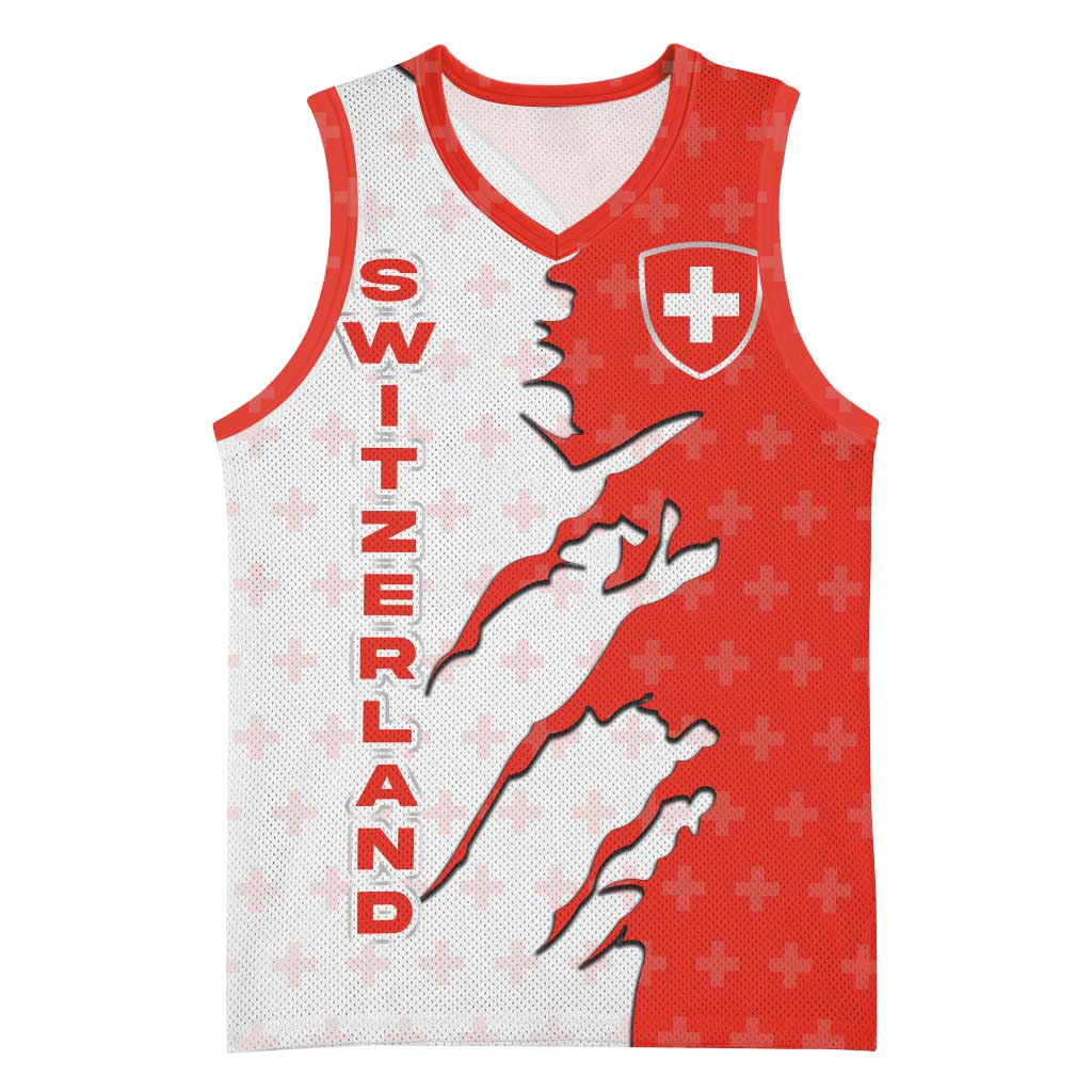 Switzerland Map Scratch Claw Swiss Flag Basketball Jersey with Vertical Text - Wonder Print Shop