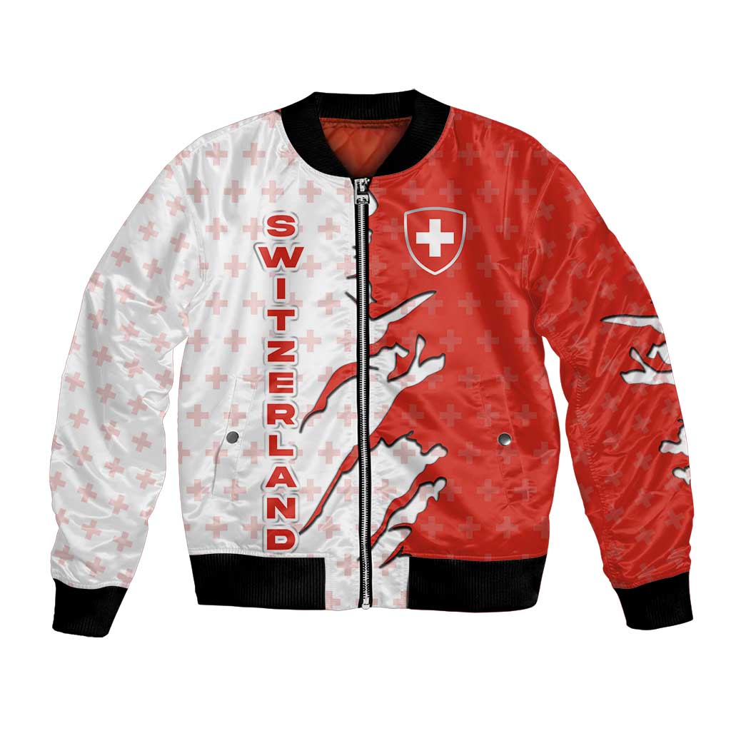 Switzerland Map Scratch Claw Swiss Flag Bomber Jacket with Vertical Text - Wonder Print Shop