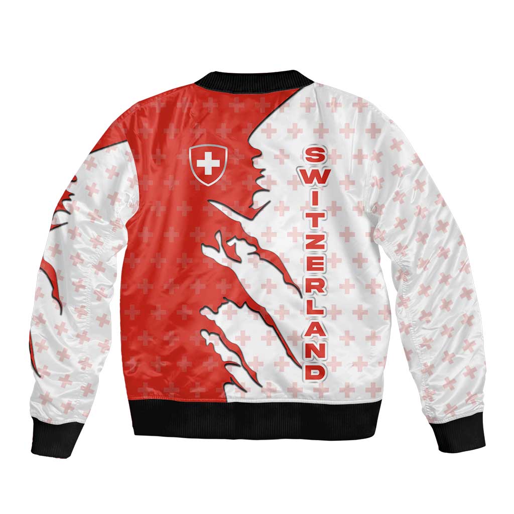 Switzerland Map Scratch Claw Swiss Flag Bomber Jacket with Vertical Text - Wonder Print Shop