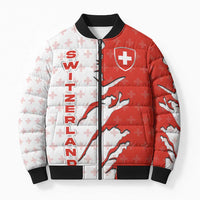 Switzerland Map Scratch Claw Swiss Flag Bomber Puffer Jacket with Vertical Text - Wonder Print Shop