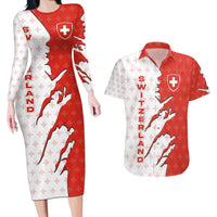 Switzerland Map Scratch Claw Swiss Flag Couples Matching Long Sleeve Bodycon Dress and Hawaiian Shirt with Vertical Text - Wonder Print Shop