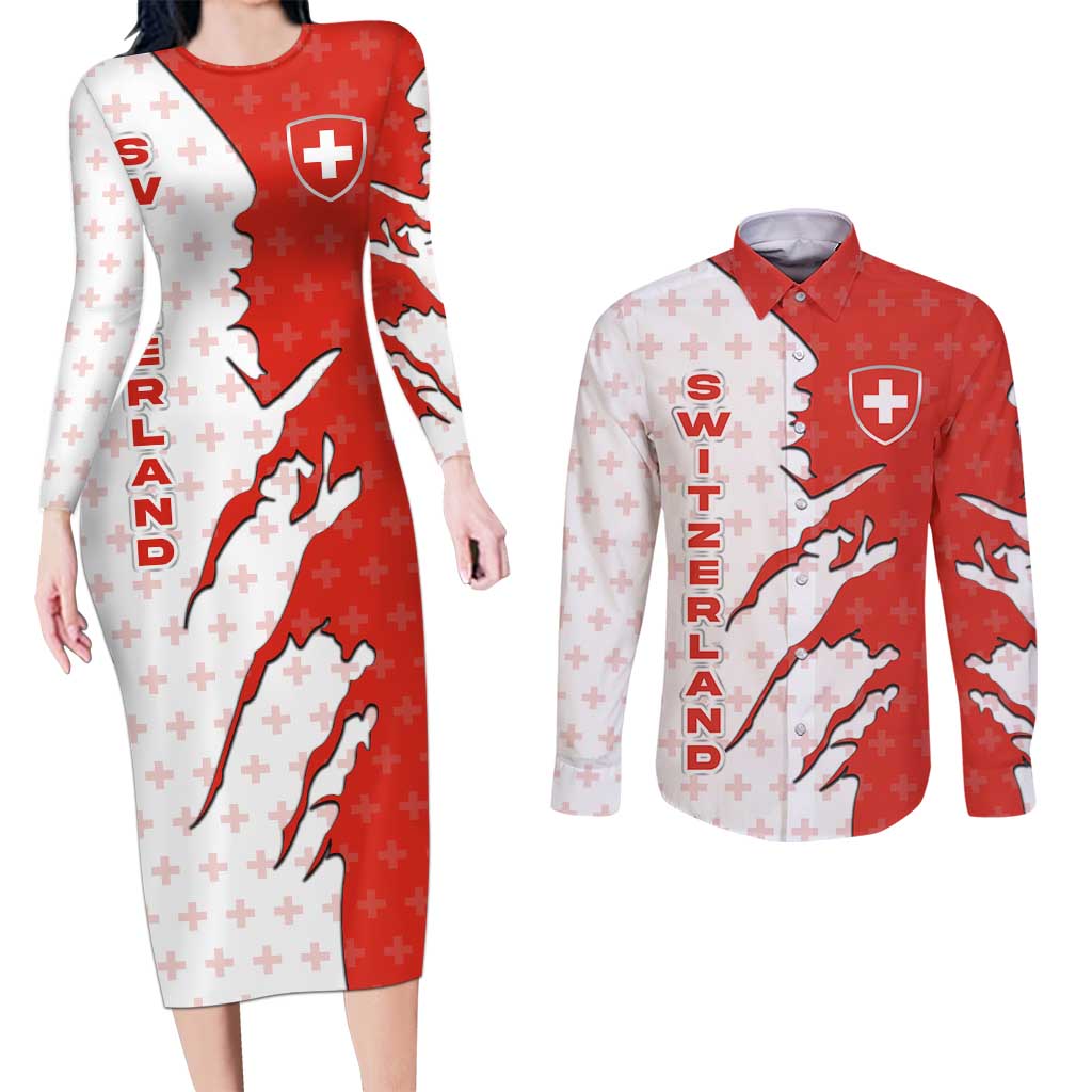 Switzerland Map Scratch Claw Swiss Flag Couples Matching Long Sleeve Bodycon Dress and Long Sleeve Button Shirt with Vertical Text - Wonder Print Shop