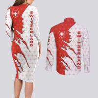 Switzerland Map Scratch Claw Swiss Flag Couples Matching Long Sleeve Bodycon Dress and Long Sleeve Button Shirt with Vertical Text - Wonder Print Shop