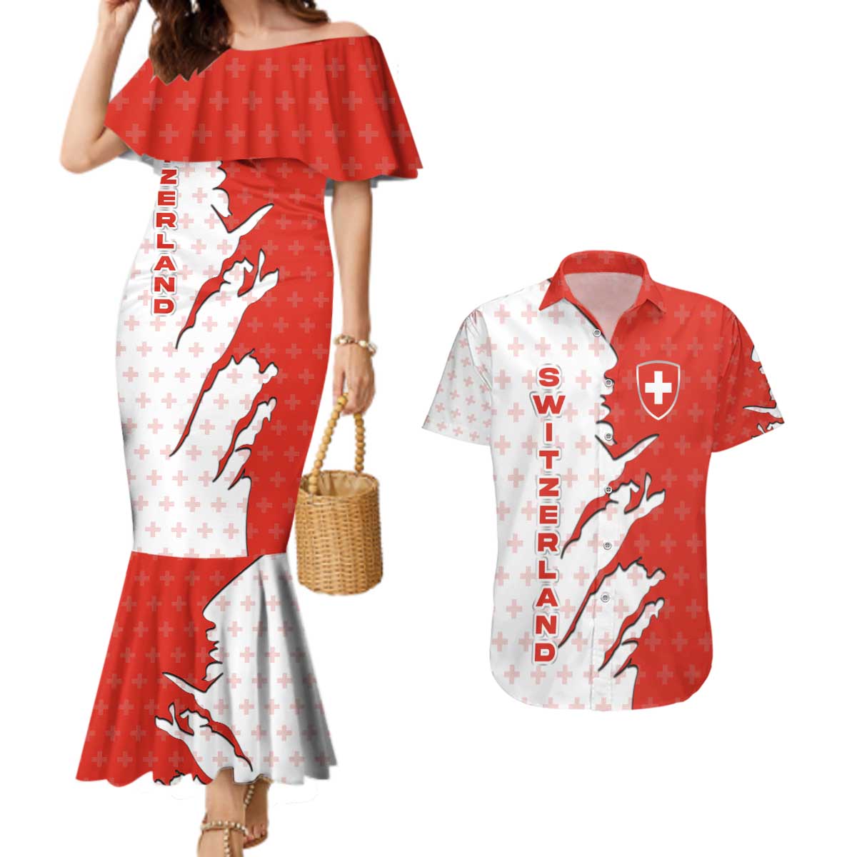 Switzerland Map Scratch Claw Swiss Flag Couples Matching Mermaid Dress and Hawaiian Shirt with Vertical Text - Wonder Print Shop