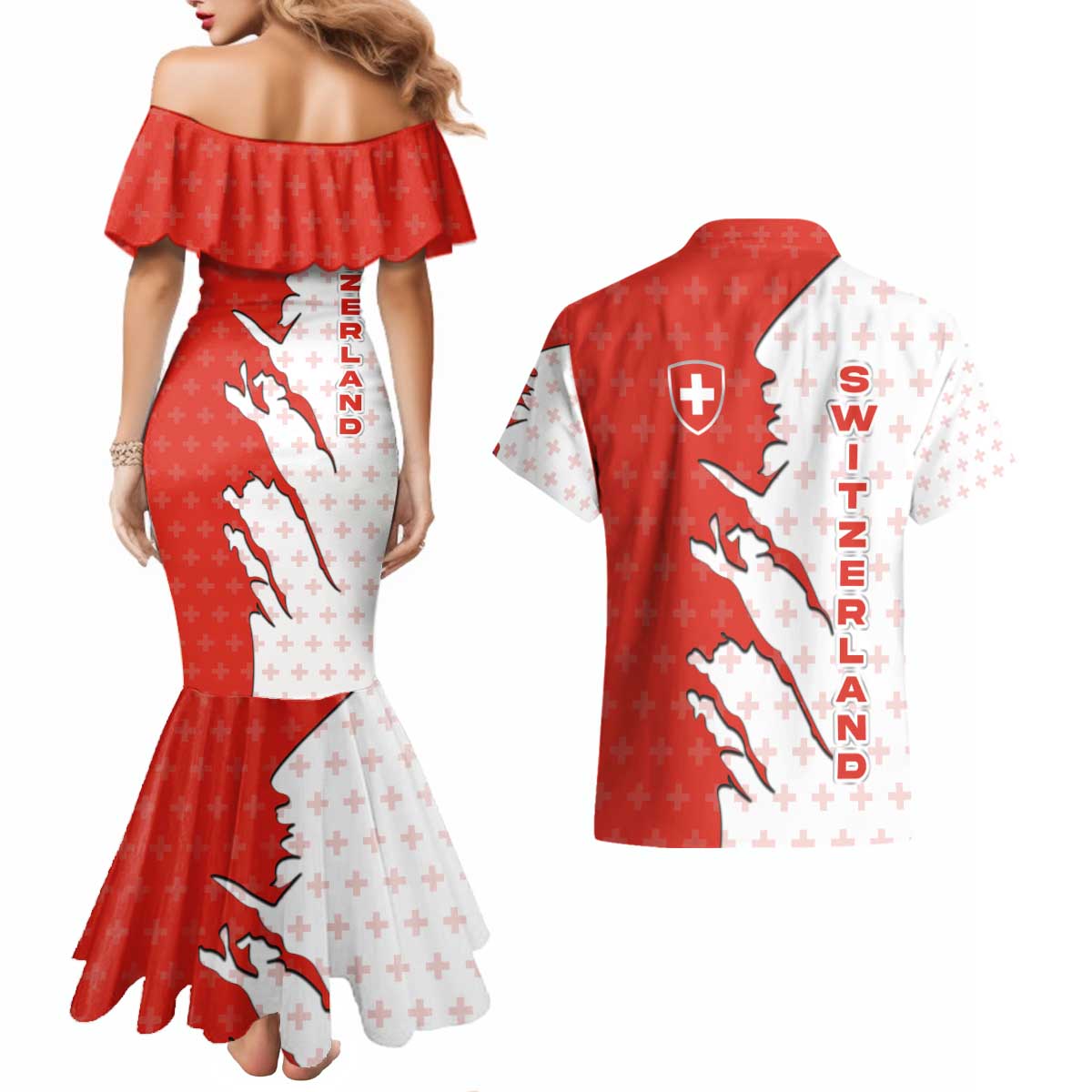 Switzerland Map Scratch Claw Swiss Flag Couples Matching Mermaid Dress and Hawaiian Shirt with Vertical Text - Wonder Print Shop