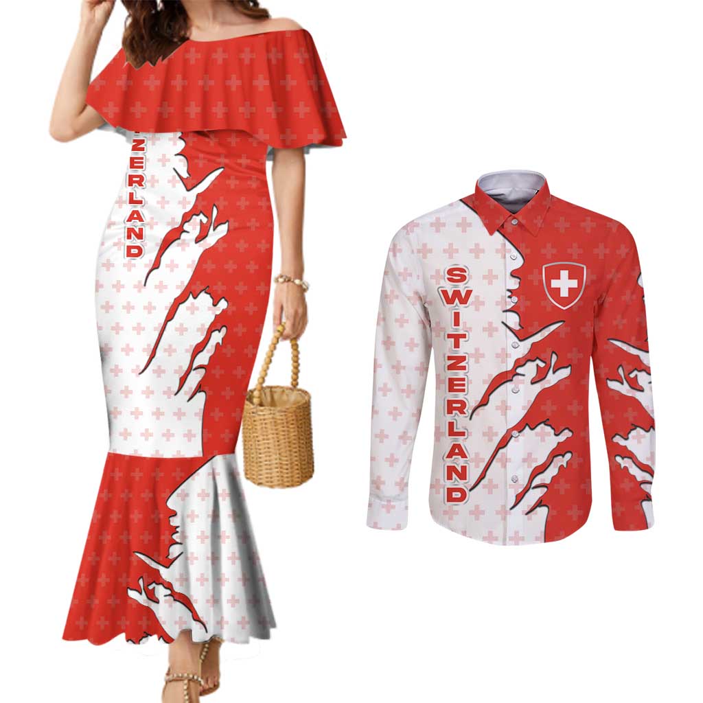 Switzerland Map Scratch Claw Swiss Flag Couples Matching Mermaid Dress and Long Sleeve Button Shirt with Vertical Text - Wonder Print Shop