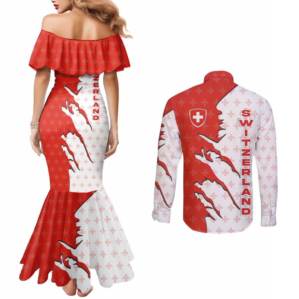 Switzerland Map Scratch Claw Swiss Flag Couples Matching Mermaid Dress and Long Sleeve Button Shirt with Vertical Text - Wonder Print Shop