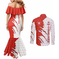 Switzerland Map Scratch Claw Swiss Flag Couples Matching Mermaid Dress and Long Sleeve Button Shirt with Vertical Text - Wonder Print Shop