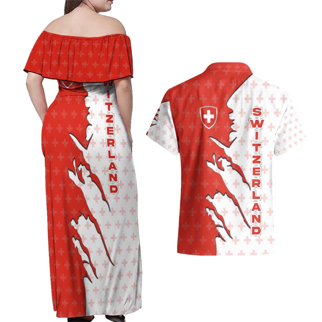 Switzerland Map Scratch Claw Swiss Flag Couples Matching Off Shoulder Maxi Dress and Hawaiian Shirt with Vertical Text - Wonder Print Shop
