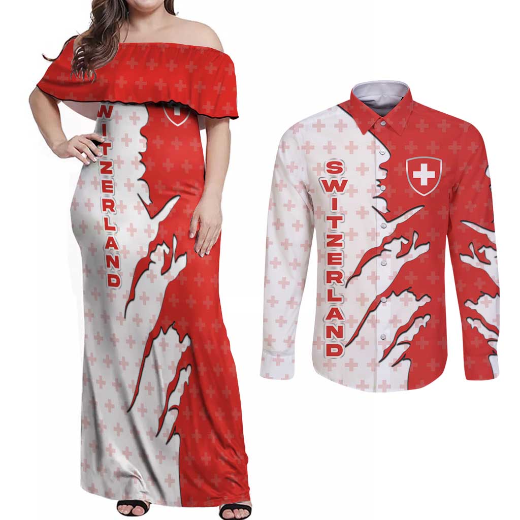 Switzerland Map Scratch Claw Swiss Flag Couples Matching Off Shoulder Maxi Dress and Long Sleeve Button Shirt with Vertical Text - Wonder Print Shop