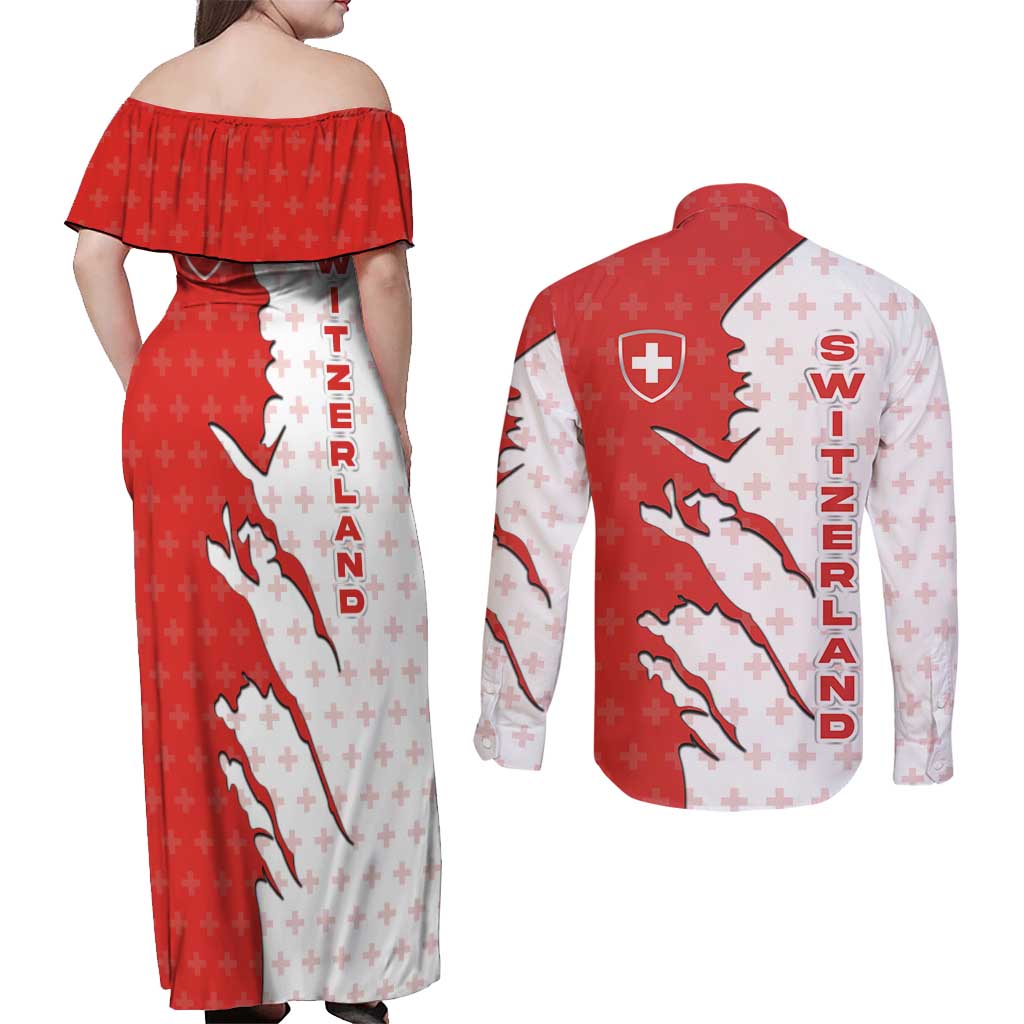 Switzerland Map Scratch Claw Swiss Flag Couples Matching Off Shoulder Maxi Dress and Long Sleeve Button Shirt with Vertical Text - Wonder Print Shop