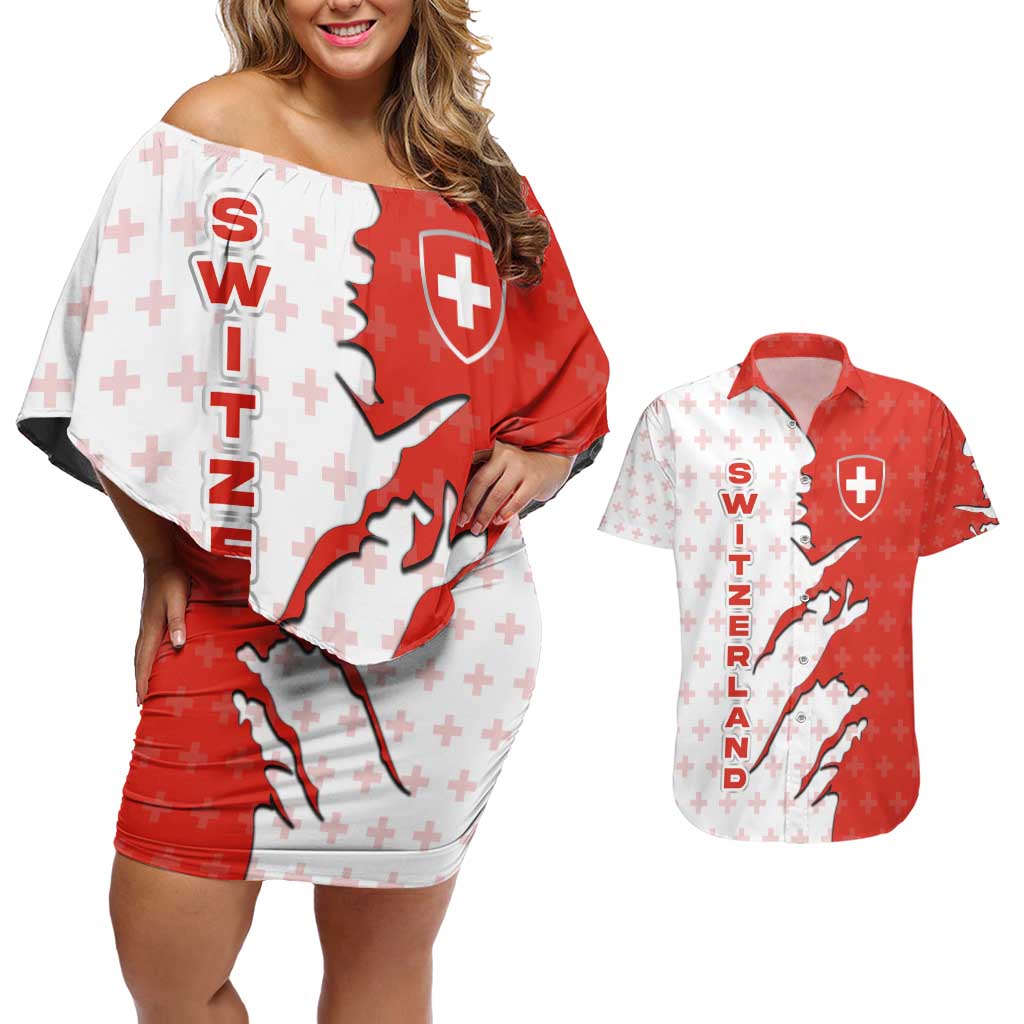 Switzerland Map Scratch Claw Swiss Flag Couples Matching Off Shoulder Short Dress and Hawaiian Shirt with Vertical Text - Wonder Print Shop