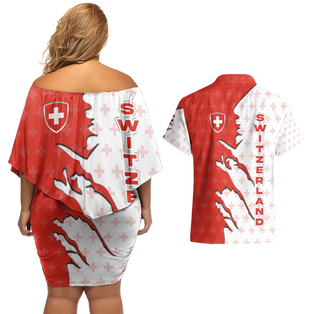 Switzerland Map Scratch Claw Swiss Flag Couples Matching Off Shoulder Short Dress and Hawaiian Shirt with Vertical Text - Wonder Print Shop