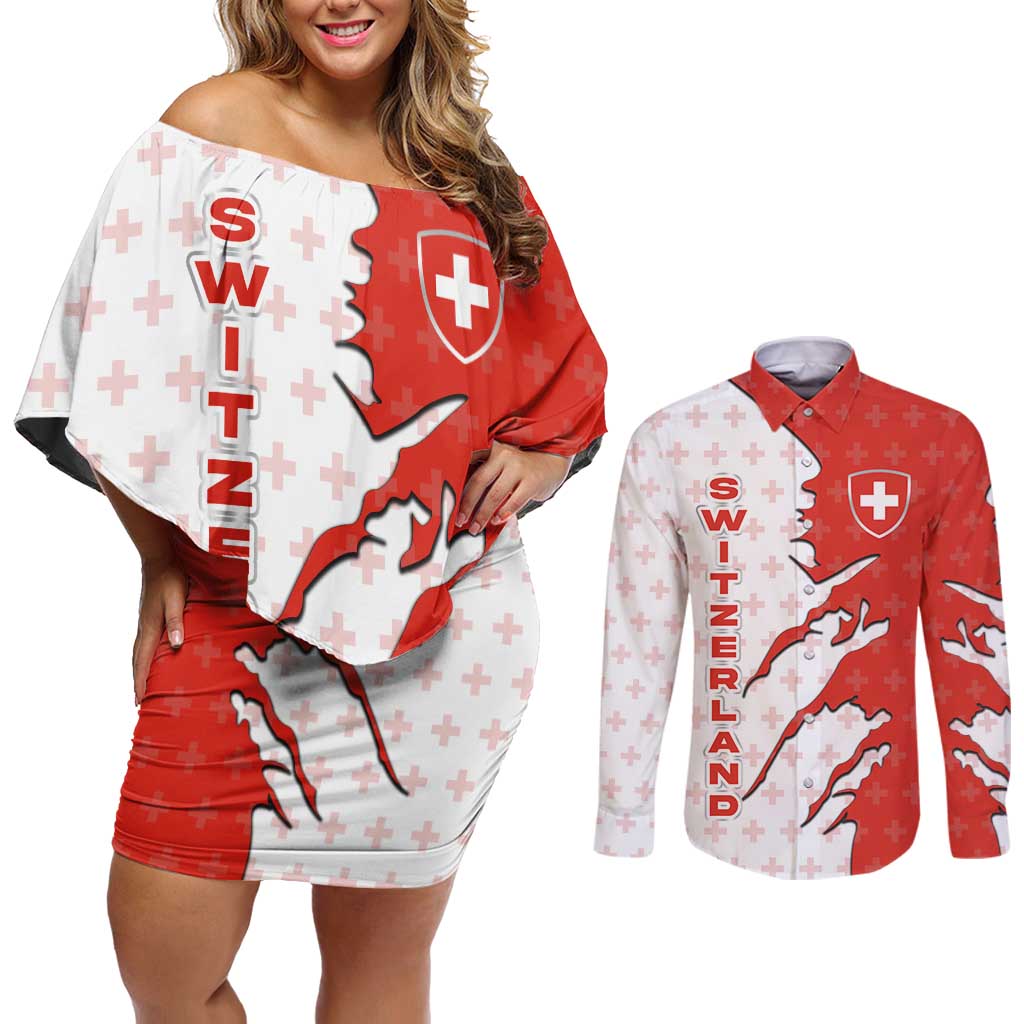 Switzerland Map Scratch Claw Swiss Flag Couples Matching Off Shoulder Short Dress and Long Sleeve Button Shirt with Vertical Text - Wonder Print Shop