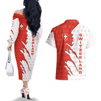 Switzerland Map Scratch Claw Swiss Flag Couples Matching Off The Shoulder Long Sleeve Dress and Hawaiian Shirt with Vertical Text - Wonder Print Shop