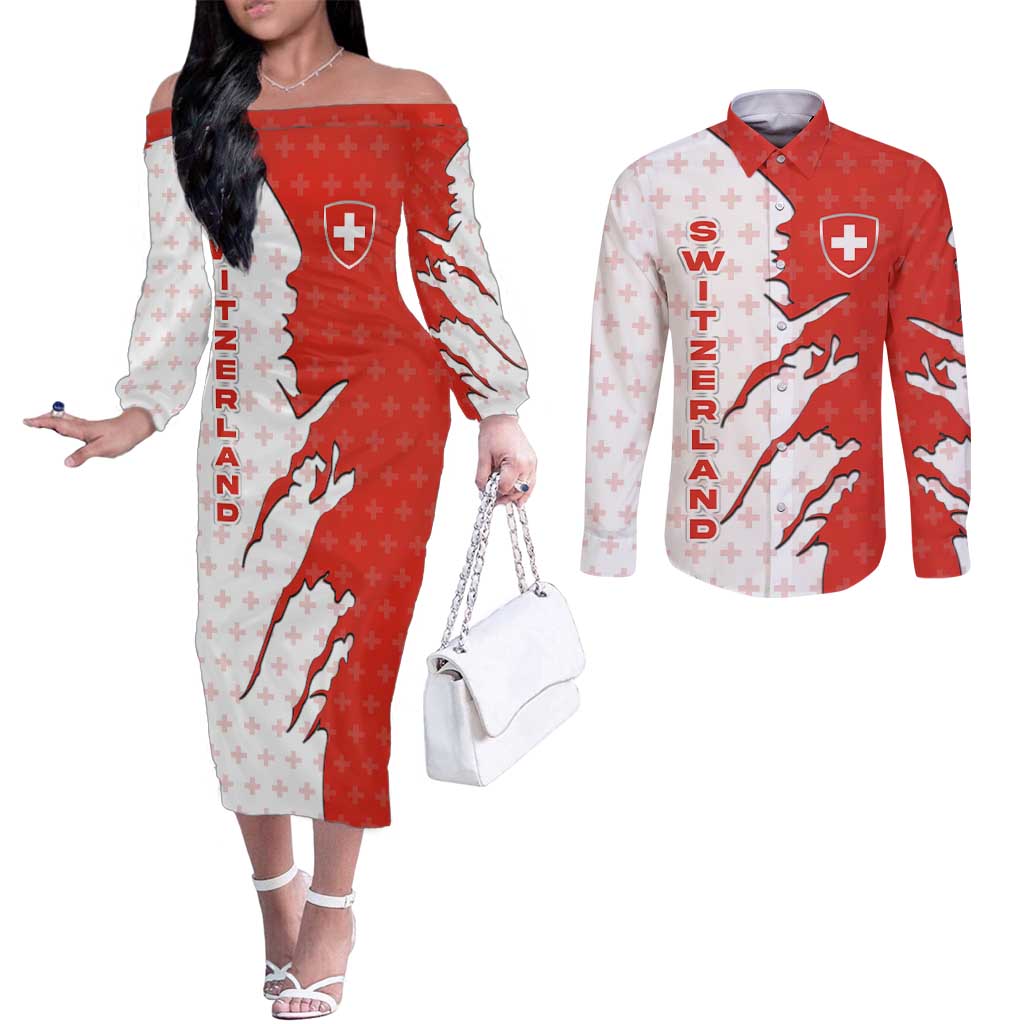 Switzerland Map Scratch Claw Swiss Flag Couples Matching Off The Shoulder Long Sleeve Dress and Long Sleeve Button Shirt with Vertical Text - Wonder Print Shop