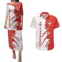 Switzerland Map Scratch Claw Swiss Flag Couples Matching Puletasi and Hawaiian Shirt with Vertical Text - Wonder Print Shop