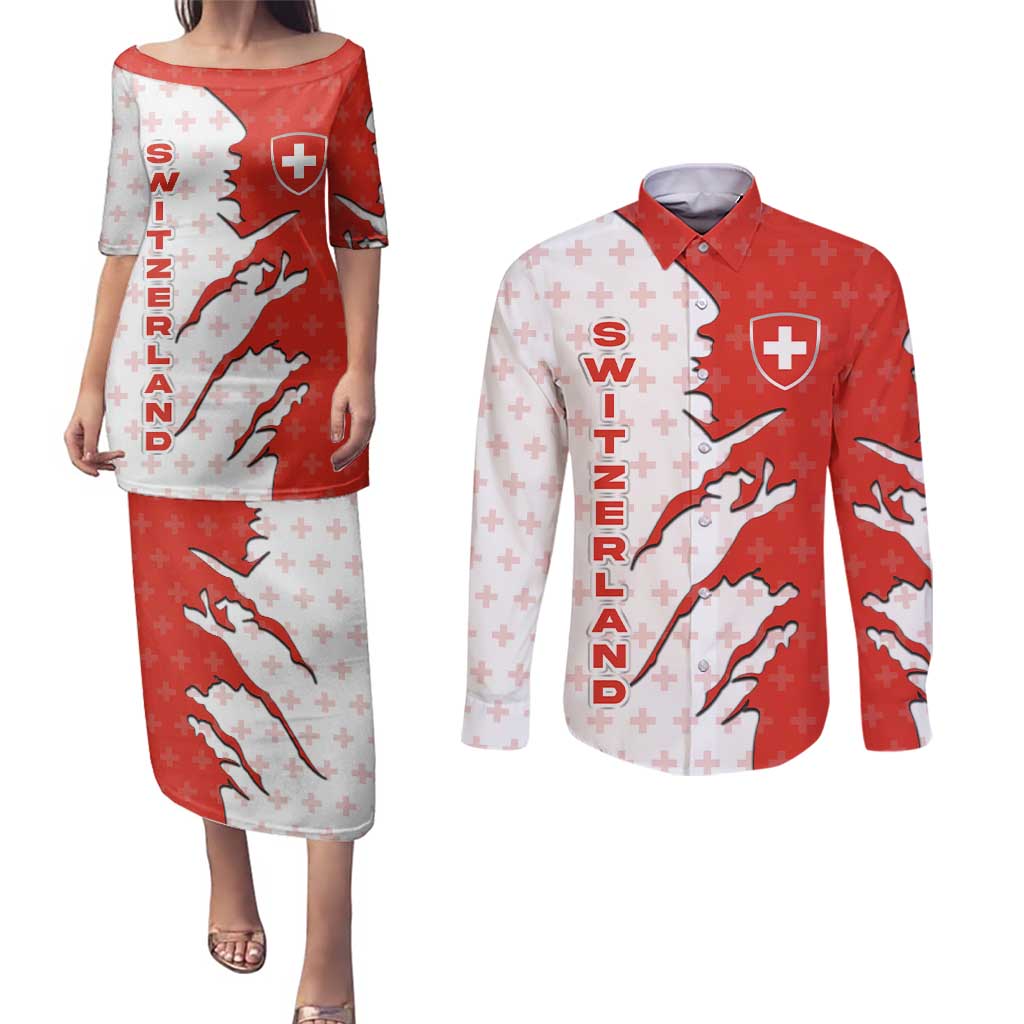Switzerland Map Scratch Claw Swiss Flag Couples Matching Puletasi and Long Sleeve Button Shirt with Vertical Text - Wonder Print Shop