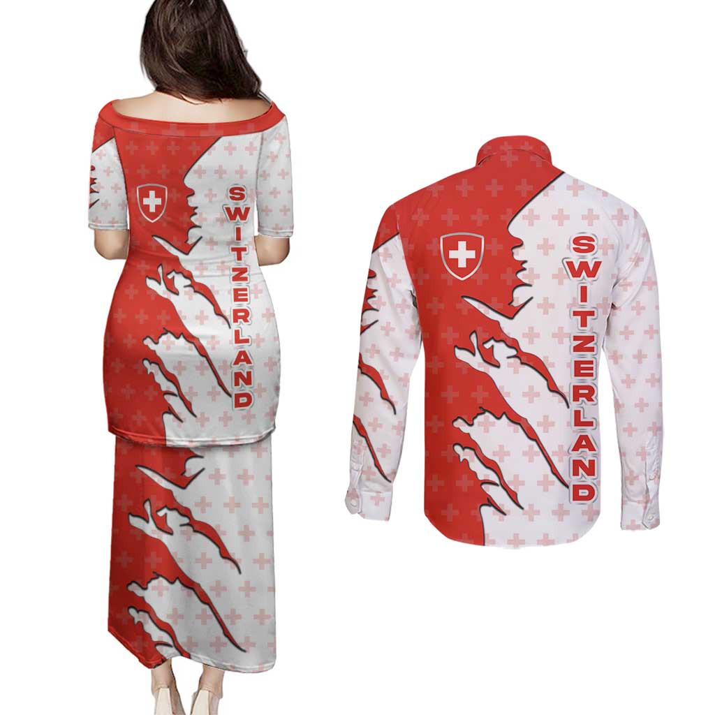 Switzerland Map Scratch Claw Swiss Flag Couples Matching Puletasi and Long Sleeve Button Shirt with Vertical Text - Wonder Print Shop