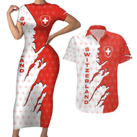 Switzerland Map Scratch Claw Swiss Flag Couples Matching Short Sleeve Bodycon Dress and Hawaiian Shirt with Vertical Text - Wonder Print Shop