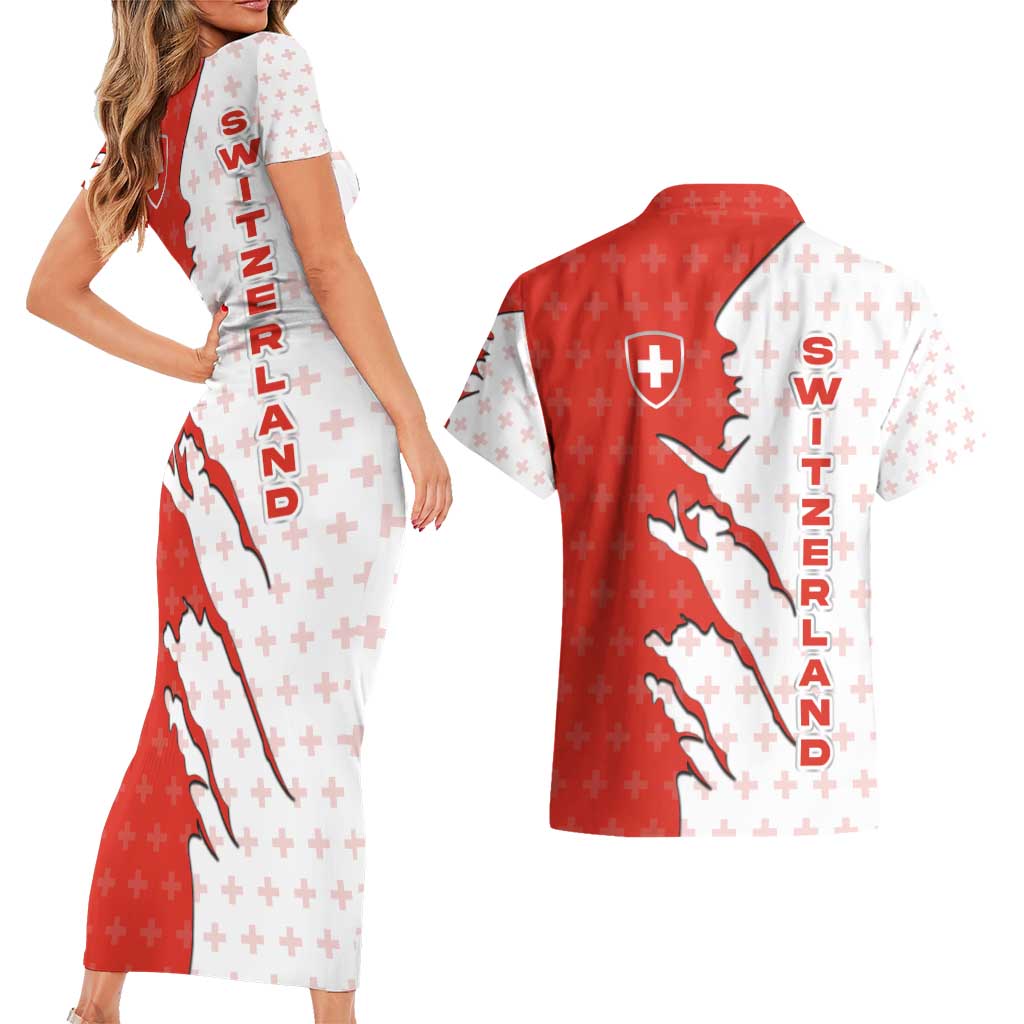 Switzerland Map Scratch Claw Swiss Flag Couples Matching Short Sleeve Bodycon Dress and Hawaiian Shirt with Vertical Text - Wonder Print Shop