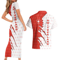 Switzerland Map Scratch Claw Swiss Flag Couples Matching Short Sleeve Bodycon Dress and Hawaiian Shirt with Vertical Text - Wonder Print Shop