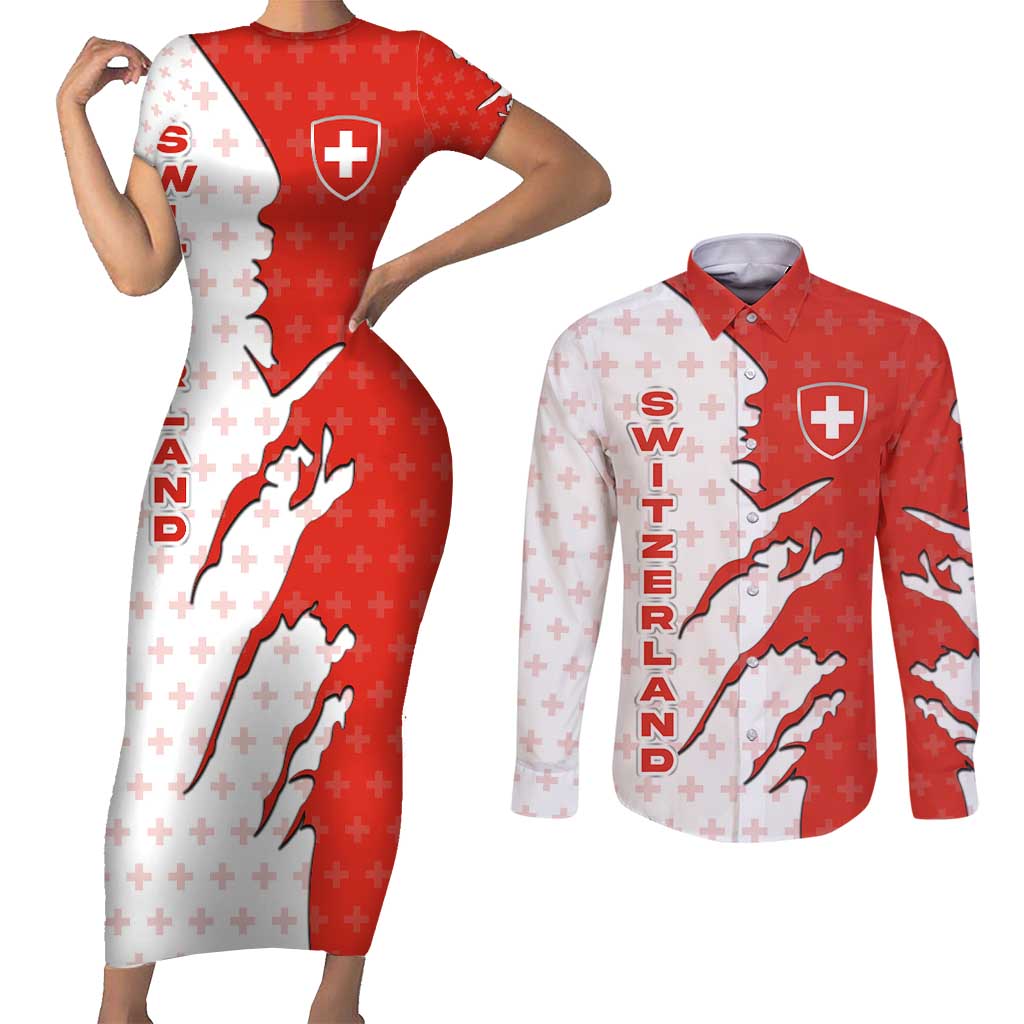 Switzerland Map Scratch Claw Swiss Flag Couples Matching Short Sleeve Bodycon Dress and Long Sleeve Button Shirt with Vertical Text - Wonder Print Shop