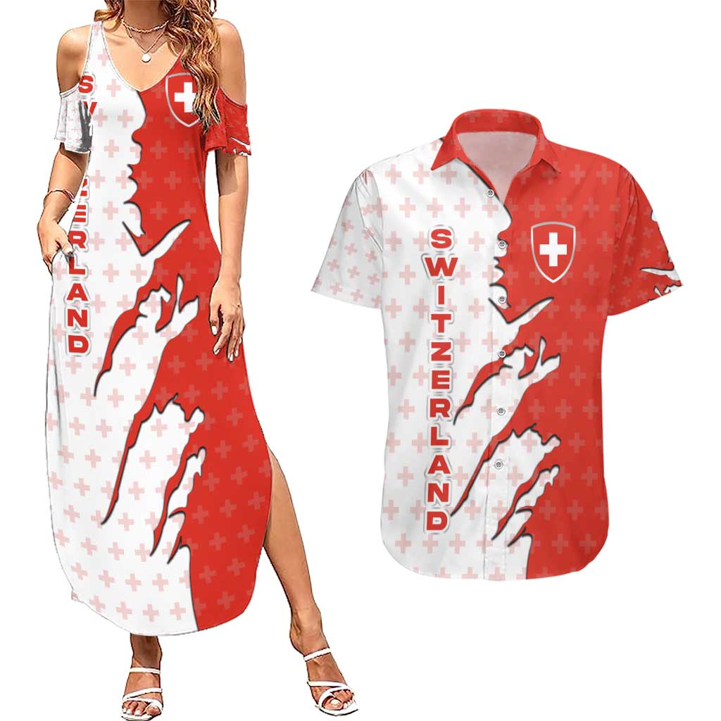 Switzerland Map Scratch Claw Swiss Flag Couples Matching Summer Maxi Dress and Hawaiian Shirt with Vertical Text - Wonder Print Shop