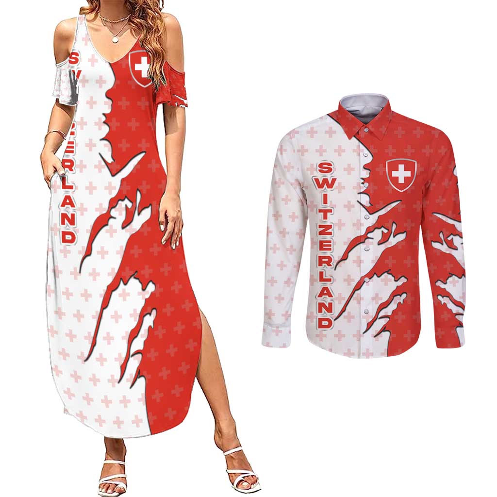 Switzerland Map Scratch Claw Swiss Flag Couples Matching Summer Maxi Dress and Long Sleeve Button Shirt with Vertical Text - Wonder Print Shop