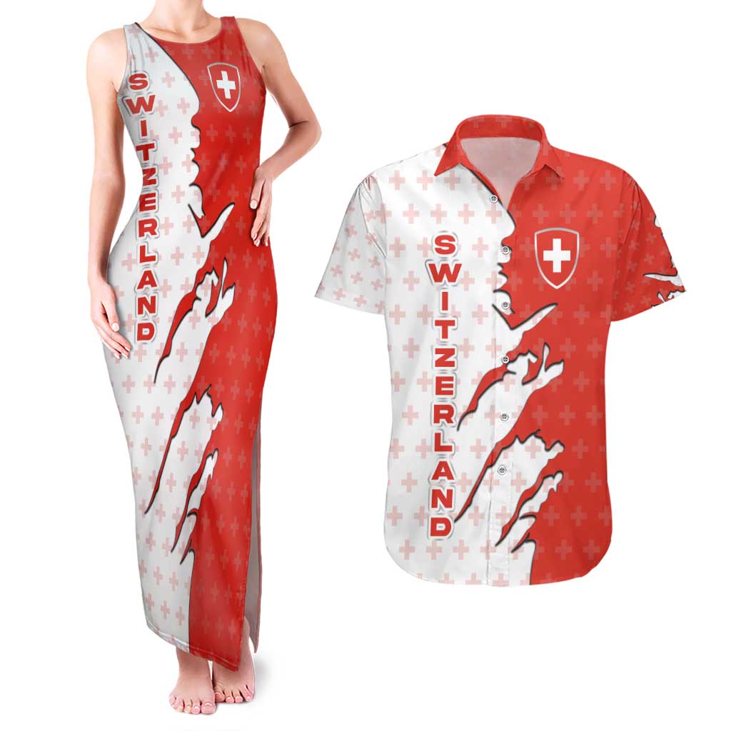 Switzerland Map Scratch Claw Swiss Flag Couples Matching Tank Maxi Dress and Hawaiian Shirt with Vertical Text - Wonder Print Shop