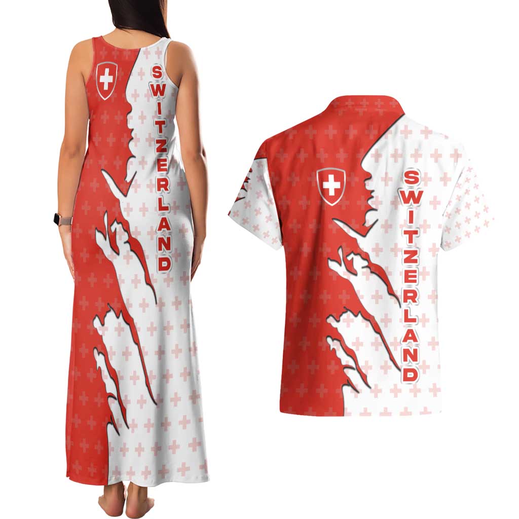 Switzerland Map Scratch Claw Swiss Flag Couples Matching Tank Maxi Dress and Hawaiian Shirt with Vertical Text - Wonder Print Shop