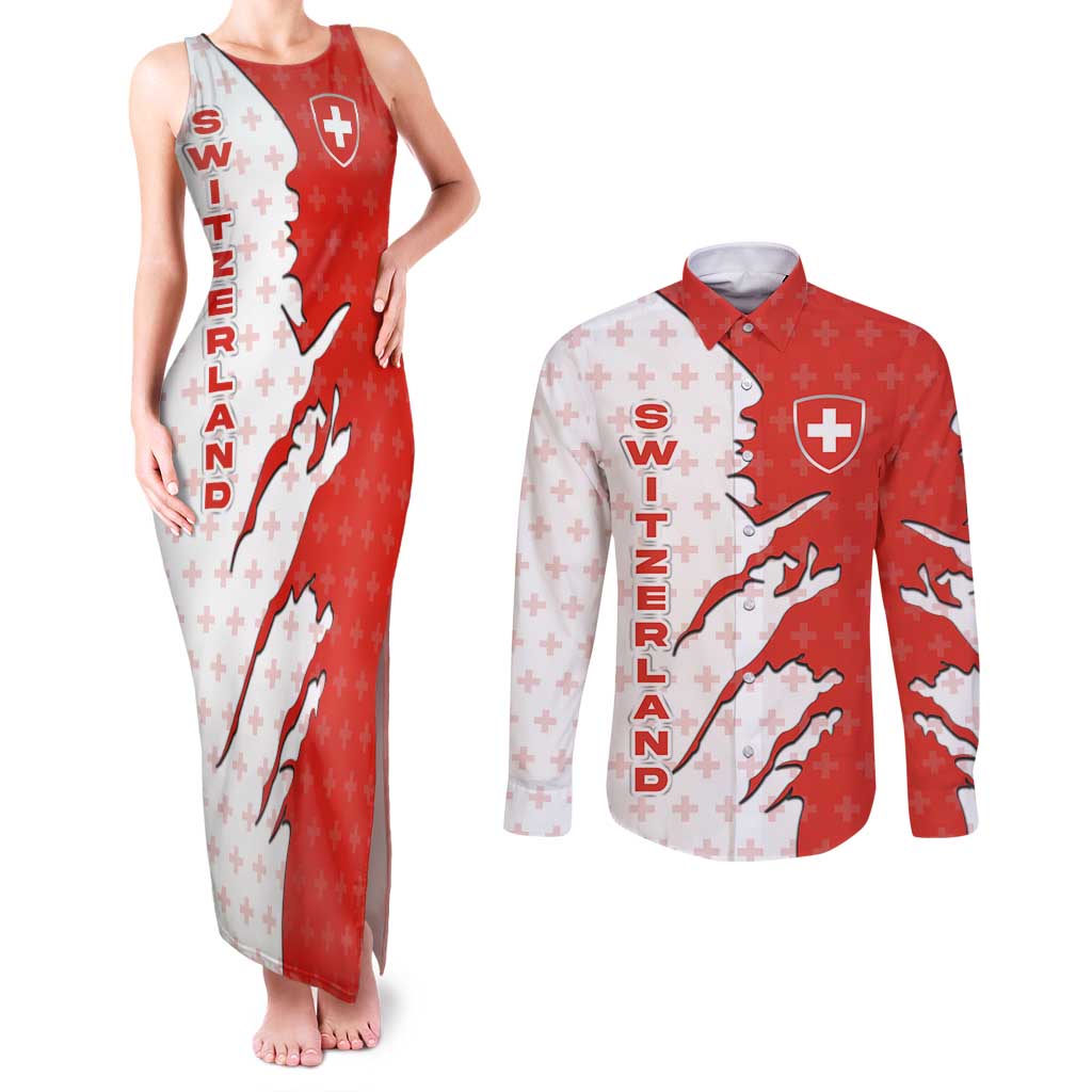 Switzerland Map Scratch Claw Swiss Flag Couples Matching Tank Maxi Dress and Long Sleeve Button Shirt with Vertical Text - Wonder Print Shop