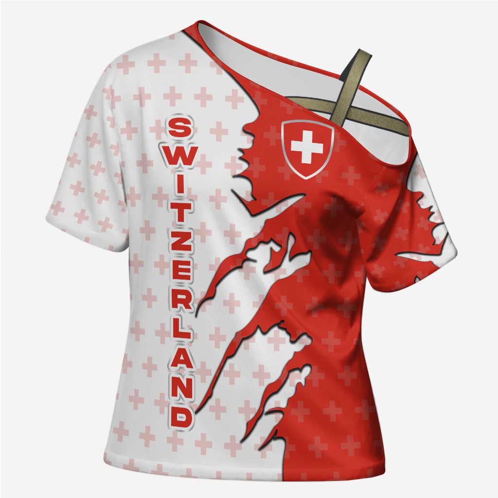 Switzerland Map Scratch Claw Swiss Flag Cross Shoulder Shirt with Vertical Text - Wonder Print Shop