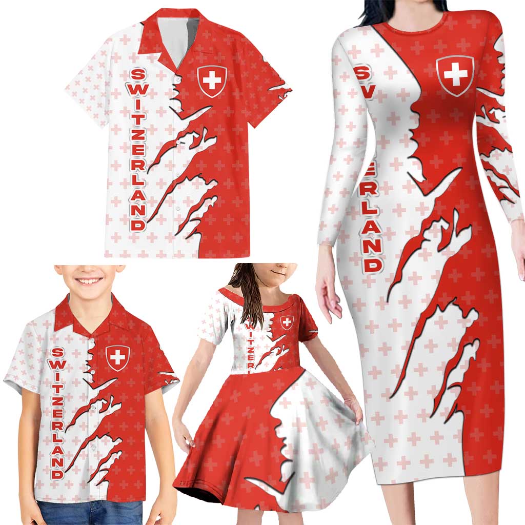 Switzerland Map Scratch Claw Swiss Flag Family Matching Long Sleeve Bodycon Dress and Hawaiian Shirt with Vertical Text - Wonder Print Shop