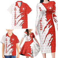 Switzerland Map Scratch Claw Swiss Flag Family Matching Long Sleeve Bodycon Dress and Hawaiian Shirt with Vertical Text - Wonder Print Shop