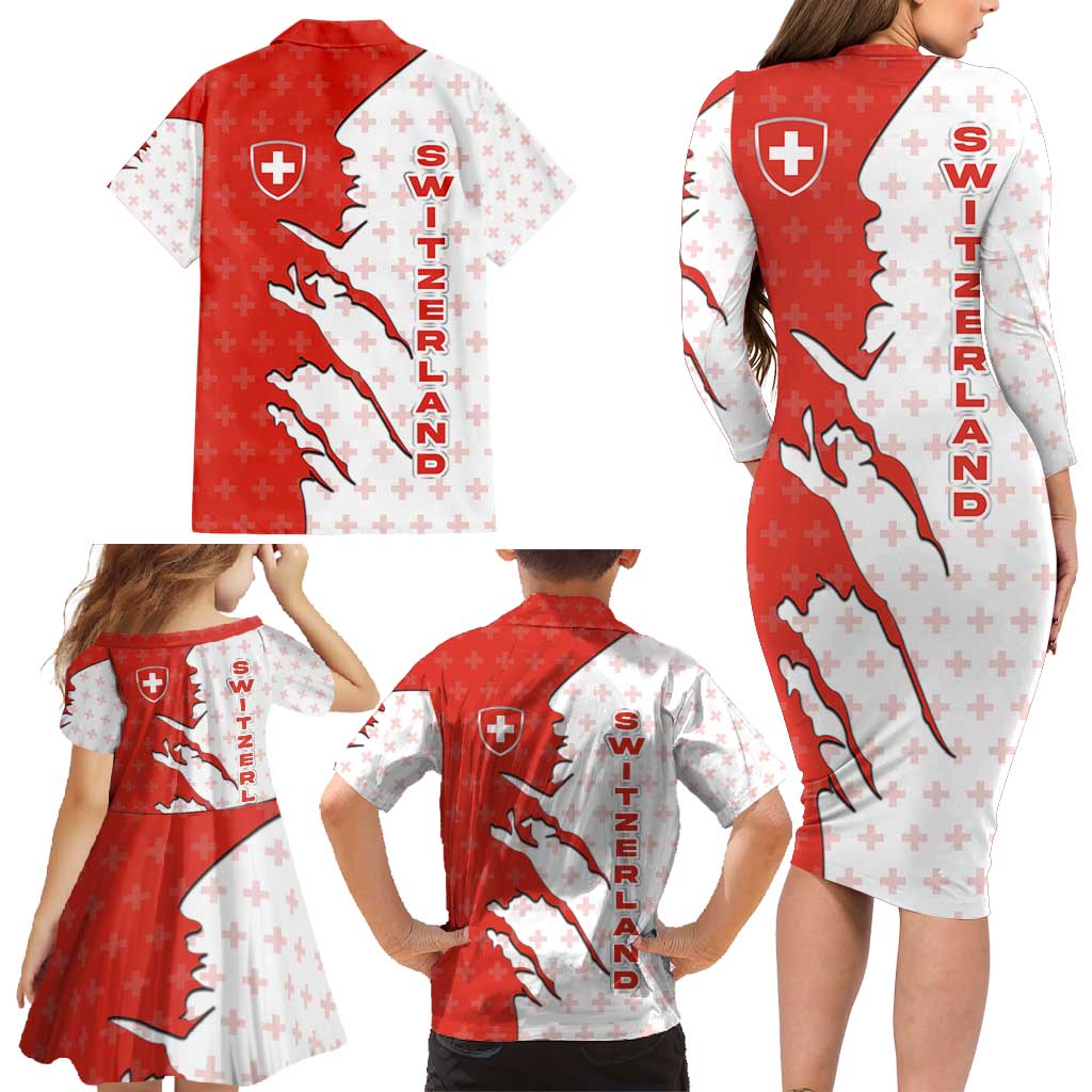 Switzerland Map Scratch Claw Swiss Flag Family Matching Long Sleeve Bodycon Dress and Hawaiian Shirt with Vertical Text - Wonder Print Shop