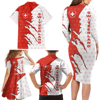 Switzerland Map Scratch Claw Swiss Flag Family Matching Long Sleeve Bodycon Dress and Hawaiian Shirt with Vertical Text - Wonder Print Shop