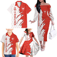 Switzerland Map Scratch Claw Swiss Flag Family Matching Off The Shoulder Long Sleeve Dress and Hawaiian Shirt with Vertical Text - Wonder Print Shop