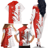 Switzerland Map Scratch Claw Swiss Flag Family Matching Off The Shoulder Long Sleeve Dress and Hawaiian Shirt with Vertical Text - Wonder Print Shop