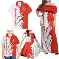 Switzerland Map Scratch Claw Swiss Flag Family Matching Off Shoulder Maxi Dress and Hawaiian Shirt with Vertical Text - Wonder Print Shop