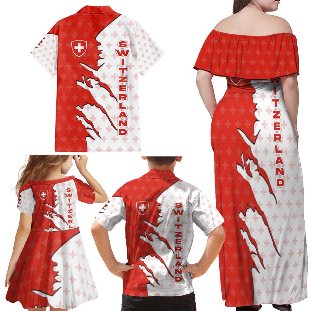 Switzerland Map Scratch Claw Swiss Flag Family Matching Off Shoulder Maxi Dress and Hawaiian Shirt with Vertical Text - Wonder Print Shop