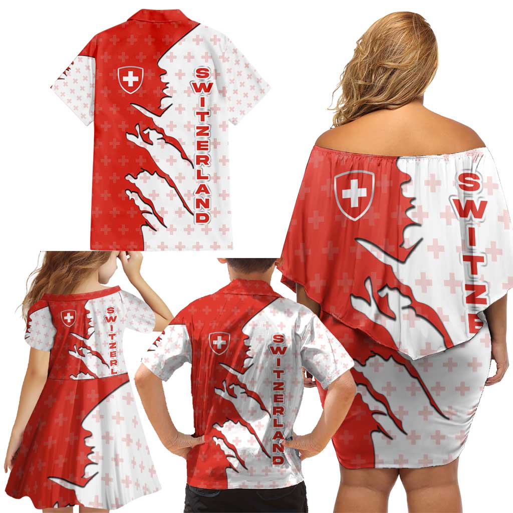 Switzerland Map Scratch Claw Swiss Flag Family Matching Off Shoulder Short Dress and Hawaiian Shirt with Vertical Text - Wonder Print Shop