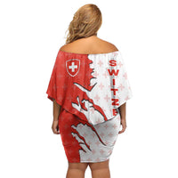 Switzerland Map Scratch Claw Swiss Flag Family Matching Off Shoulder Short Dress and Hawaiian Shirt with Vertical Text - Wonder Print Shop