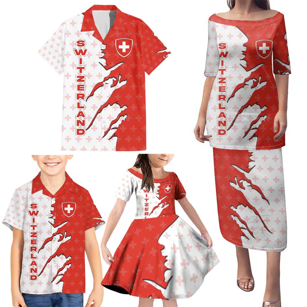 Switzerland Map Scratch Claw Swiss Flag Family Matching Puletasi and Hawaiian Shirt with Vertical Text - Wonder Print Shop