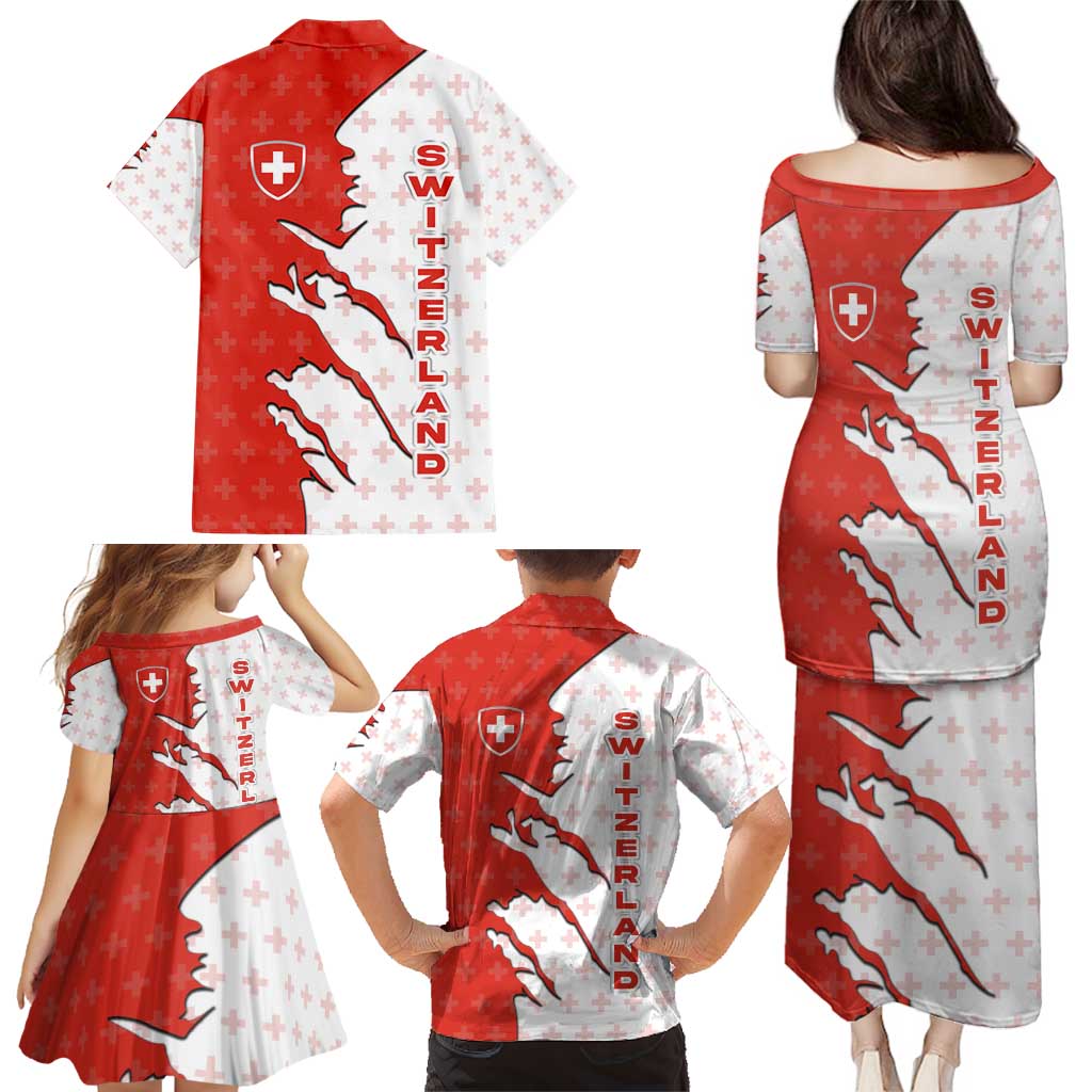Switzerland Map Scratch Claw Swiss Flag Family Matching Puletasi and Hawaiian Shirt with Vertical Text - Wonder Print Shop
