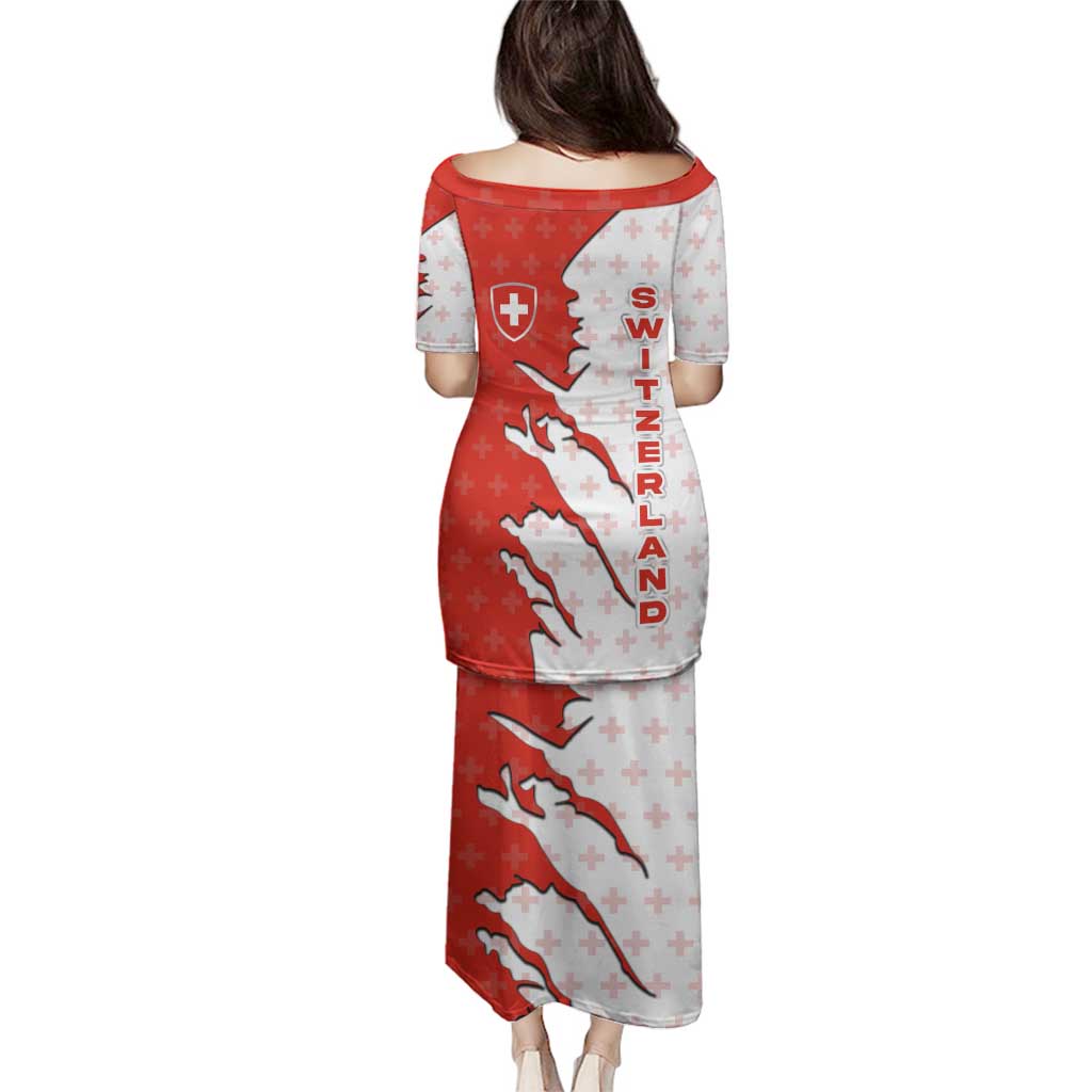 Switzerland Map Scratch Claw Swiss Flag Family Matching Puletasi and Hawaiian Shirt with Vertical Text - Wonder Print Shop