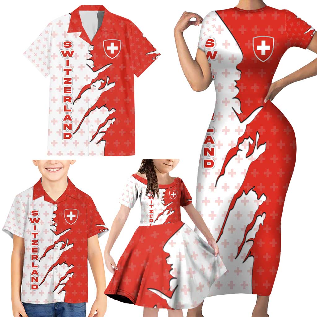 Switzerland Map Scratch Claw Swiss Flag Family Matching Short Sleeve Bodycon Dress and Hawaiian Shirt with Vertical Text - Wonder Print Shop