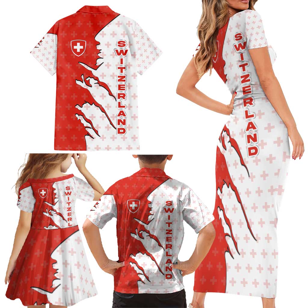 Switzerland Map Scratch Claw Swiss Flag Family Matching Short Sleeve Bodycon Dress and Hawaiian Shirt with Vertical Text - Wonder Print Shop