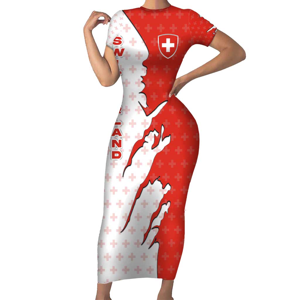 Switzerland Map Scratch Claw Swiss Flag Family Matching Short Sleeve Bodycon Dress and Hawaiian Shirt with Vertical Text - Wonder Print Shop