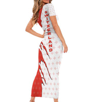 Switzerland Map Scratch Claw Swiss Flag Family Matching Short Sleeve Bodycon Dress and Hawaiian Shirt with Vertical Text - Wonder Print Shop